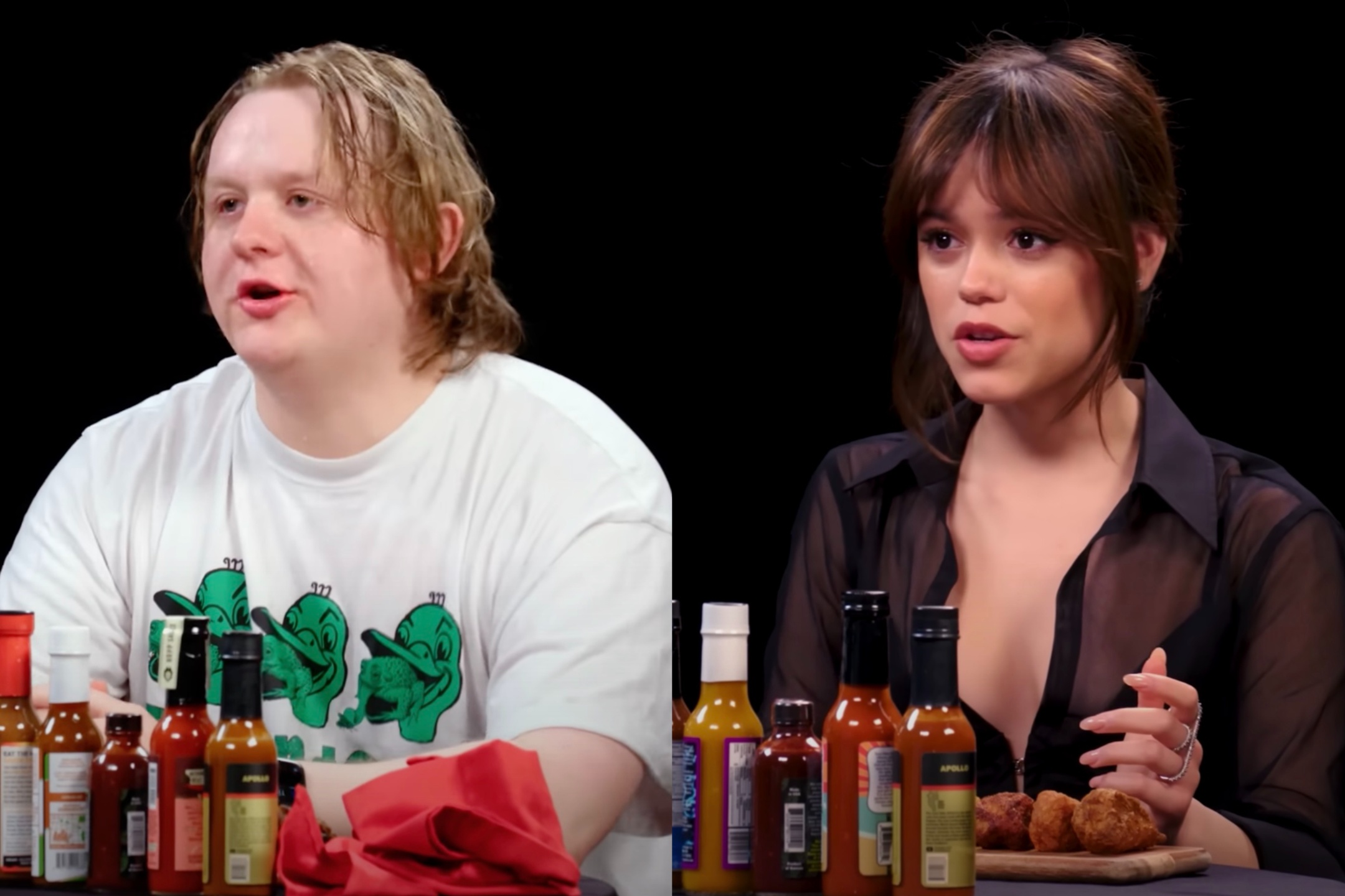Lewis Capaldi dice que Jenna Ortega puede "coger un puto ala" durante el lloroso reto de 'Hot Ones'
