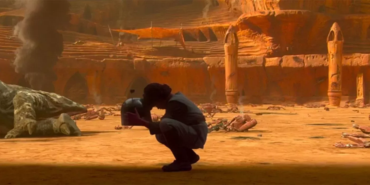 Boba Fett holds a Clone helmet in Star Wars: Attack of the Clones