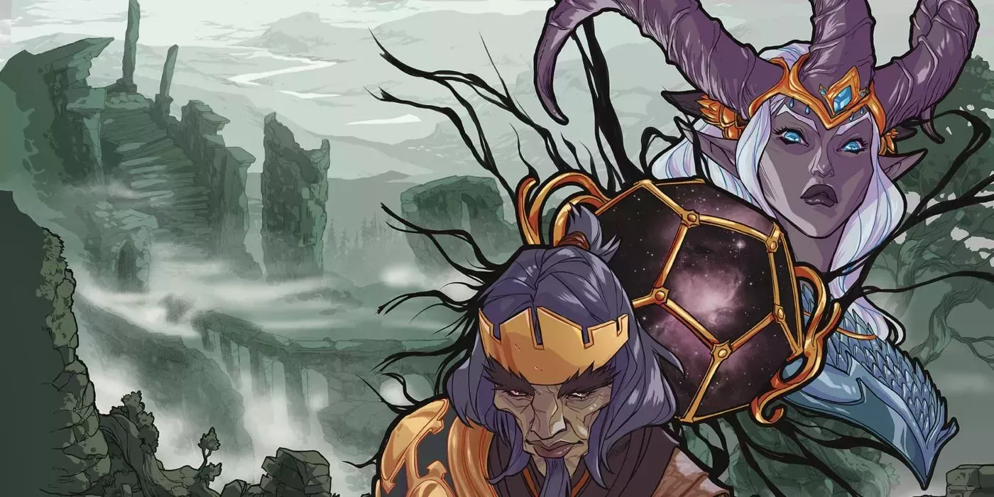 The leaders of the Dwendalian Empire and Krynn Dynasty on the cover of Explorer's Guide to Wildemount DnD setting book