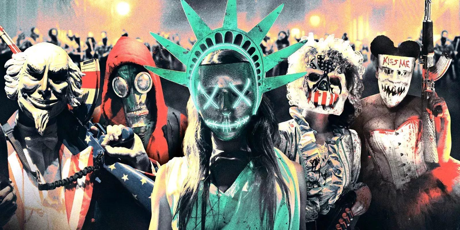 A cast of colorful masks from The Purge series
