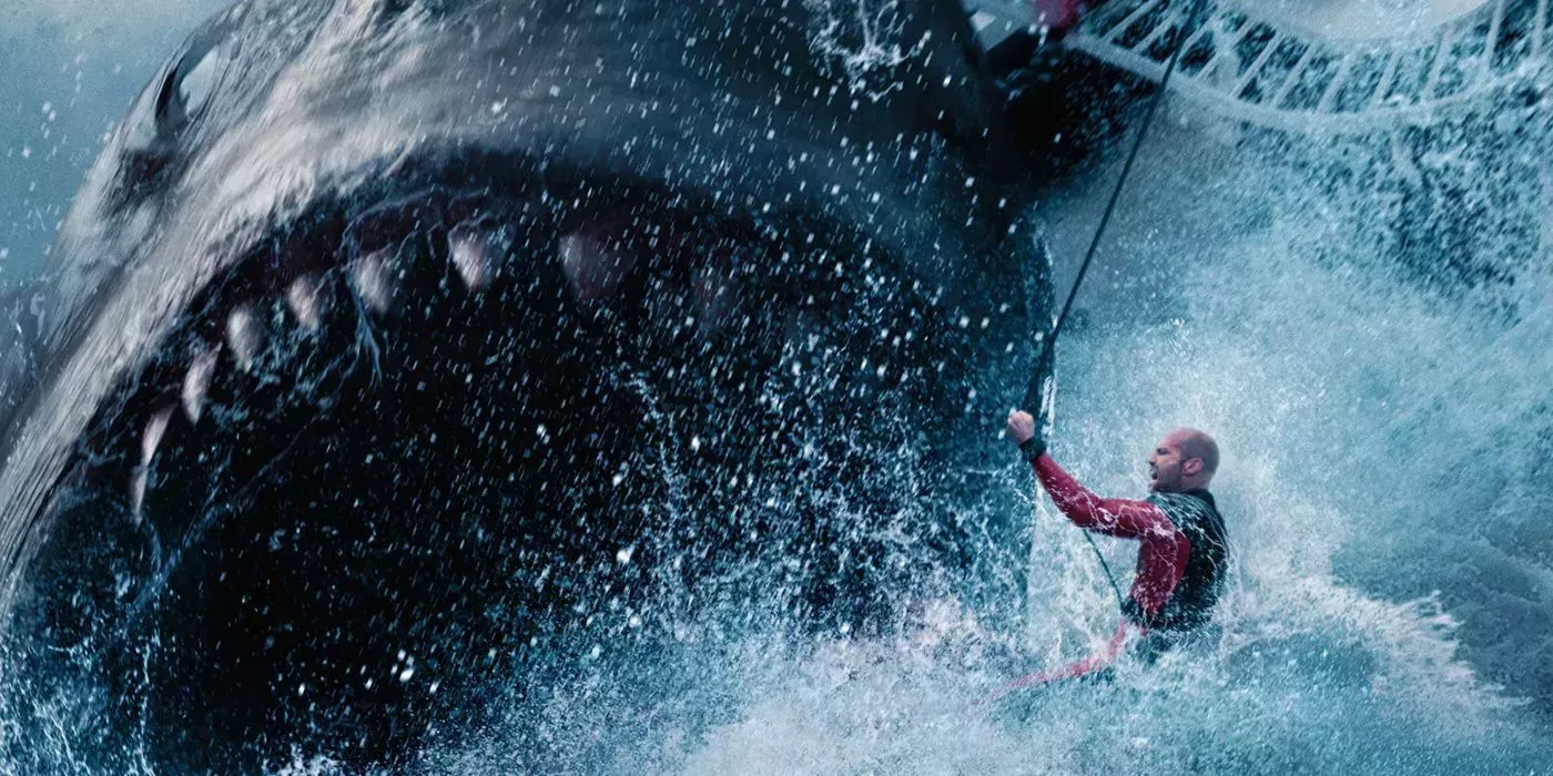 The Meg attacking Jason Statham in The Meg 2: The Trench. 