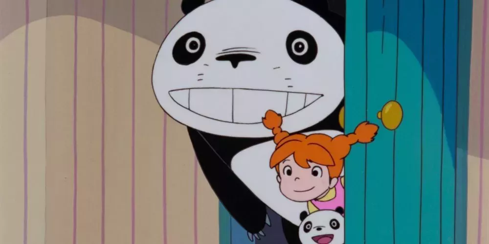 Pandas and a girl peek around a door in Panda Go Panda