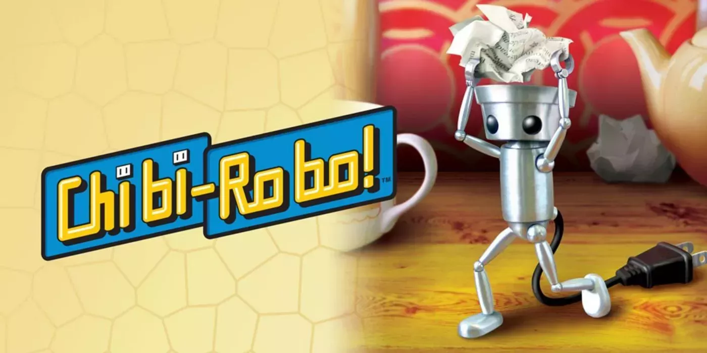 The titular robot carrying rubbish over its head in Chibi-Robo! GameCube game
