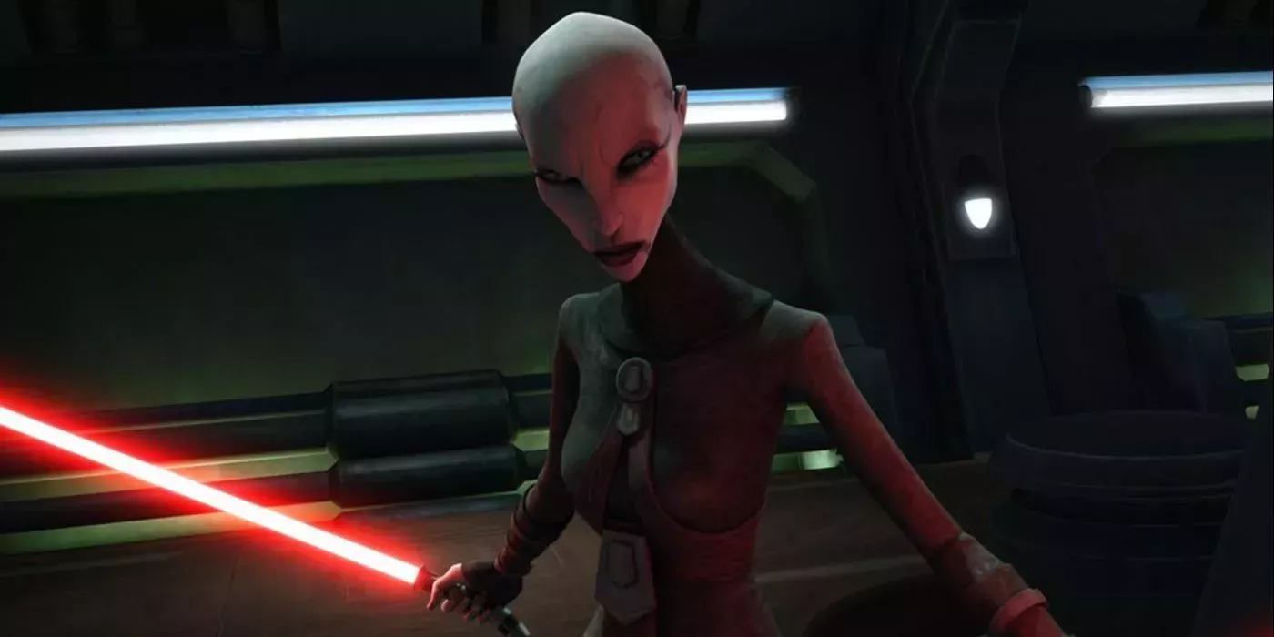 Assaj Ventress wielding a red lightsaber and frowning in The Clone Wars.