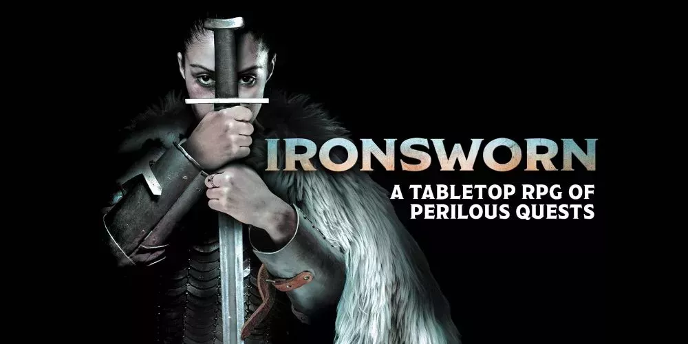A warrior with their sword on the front cover of Ironsworn RPG.
