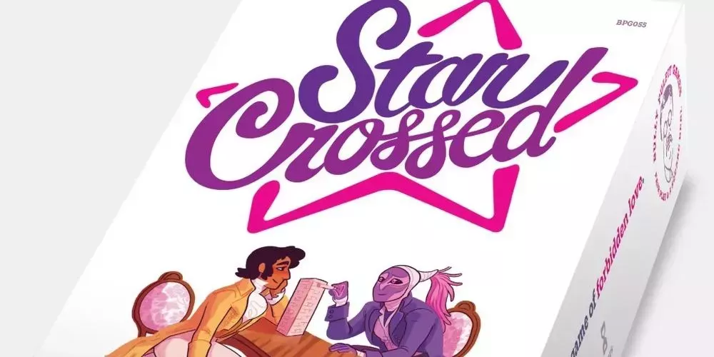 The physical card box for Star Crossed RPG. Two characters sit at a table, playing a tumbling block tower game.
