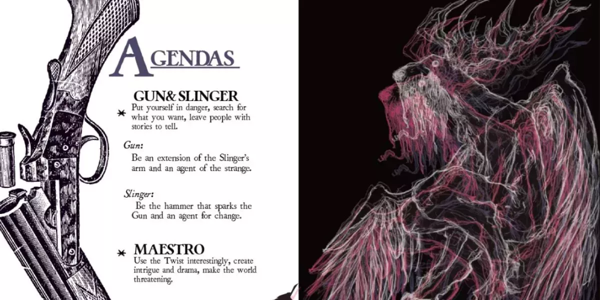 A page setting out the premise and unusual artwork of GUN&SLINGER two-player TTRPG