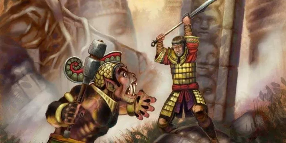 Cover art from the RPG Scarlet Heroes, a hero raises his sword to strike a monstrous enemy with a stone club