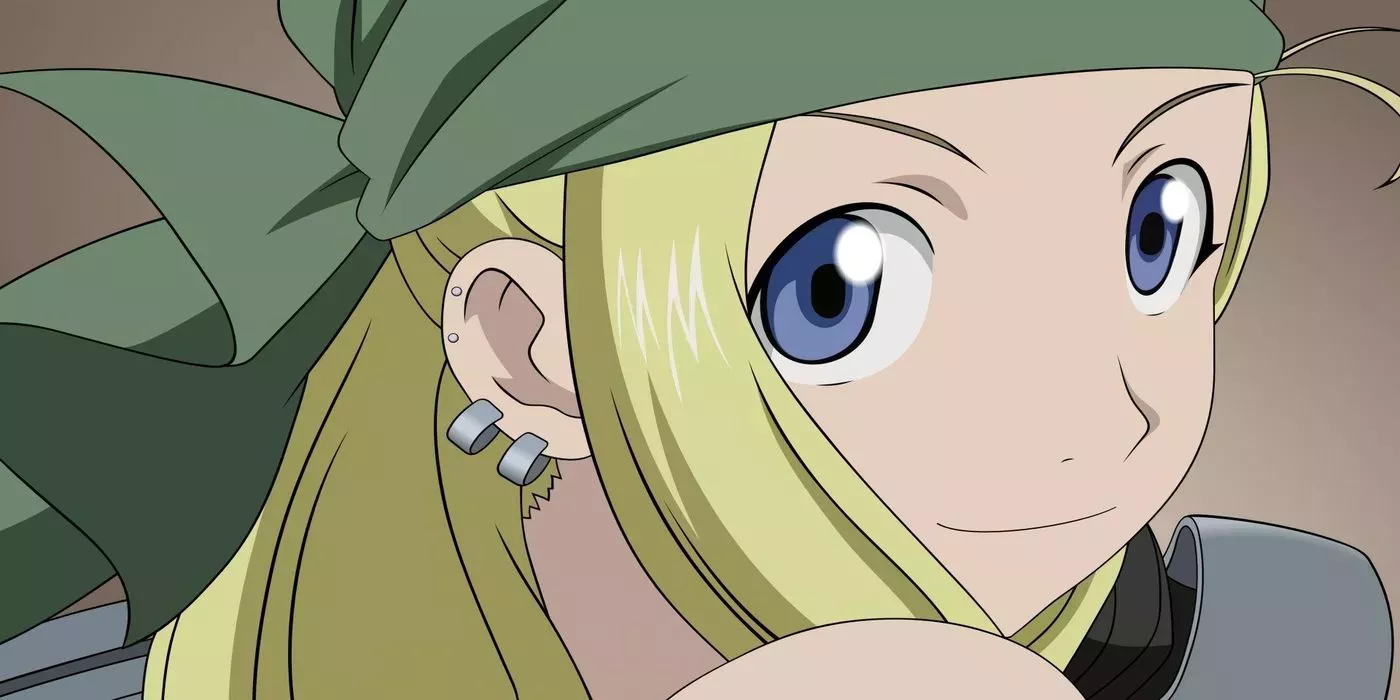 Winry Rockbell (Fullmetal Alchemist: Brotherhood) smiling and wearing green bandana.