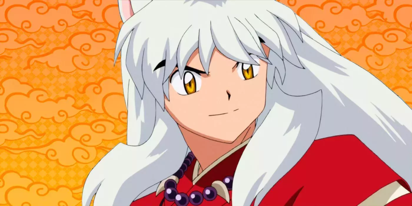 Inuyasha in front of cloudy orange background.