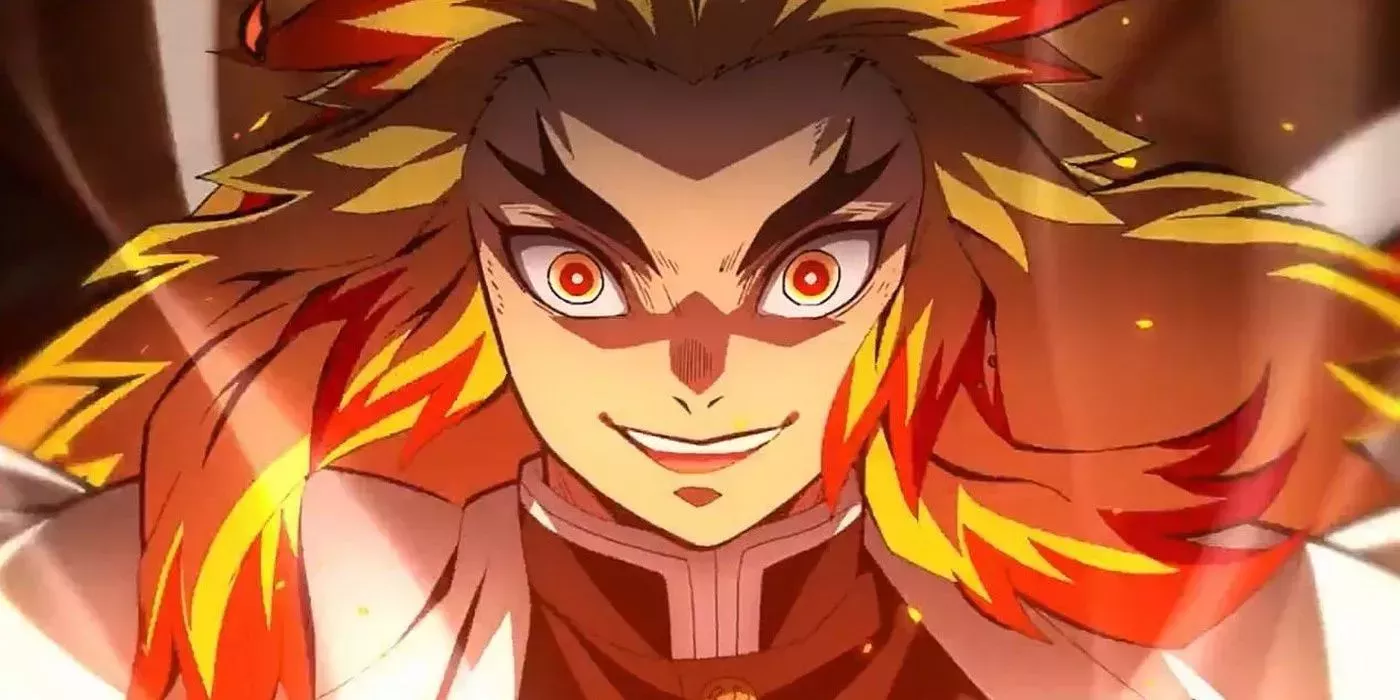 A closeup of Kyojuro Rengoku about to fight in Demon Slayer