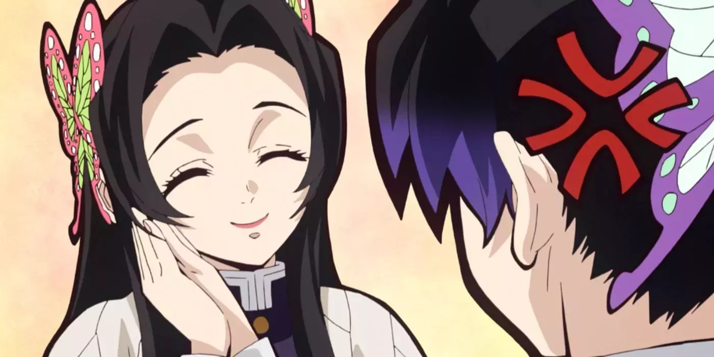 Kanae Kocho smiling at one of her aides in Demon Slayer