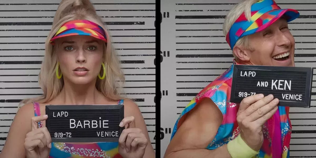 Margot Robbie and Ryan Gosling as Ken and Barbie posing for mugshots