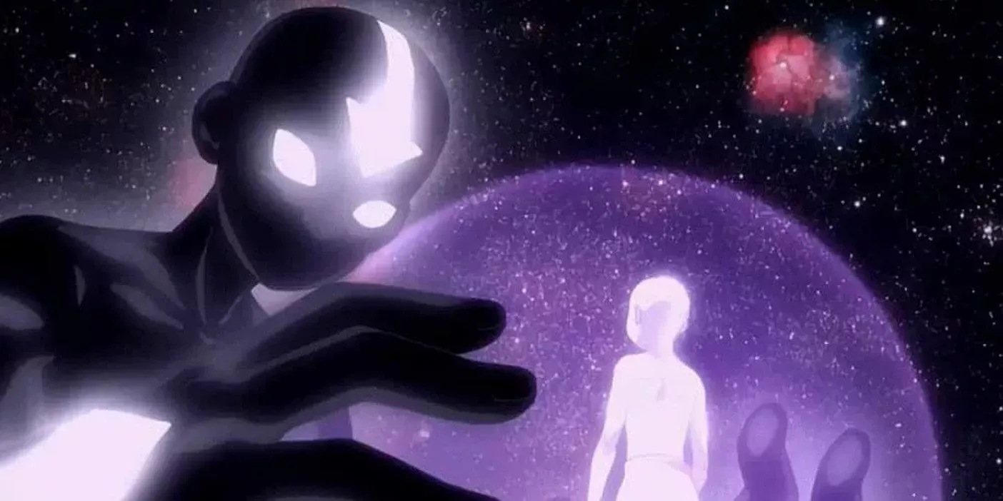 Avatar Aang faces his giant spirit self in the cosmos.