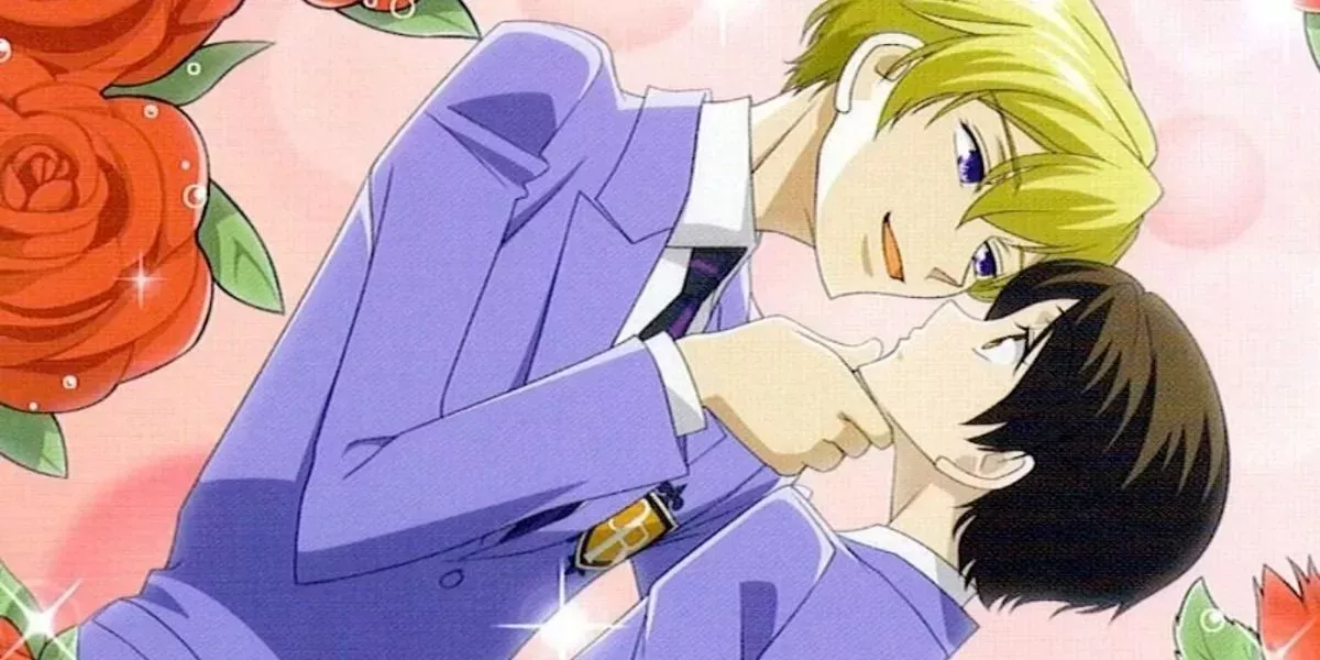 Image features Tamaki Suoh flirting with Haruhi Fujioka in Ouran High School Host Club
