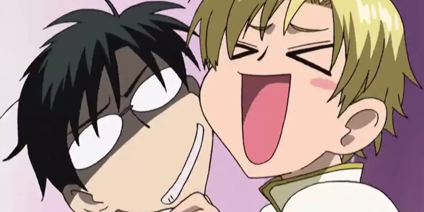 Kyoya and Tamaki being cheeky in Ouran High School Host Club.