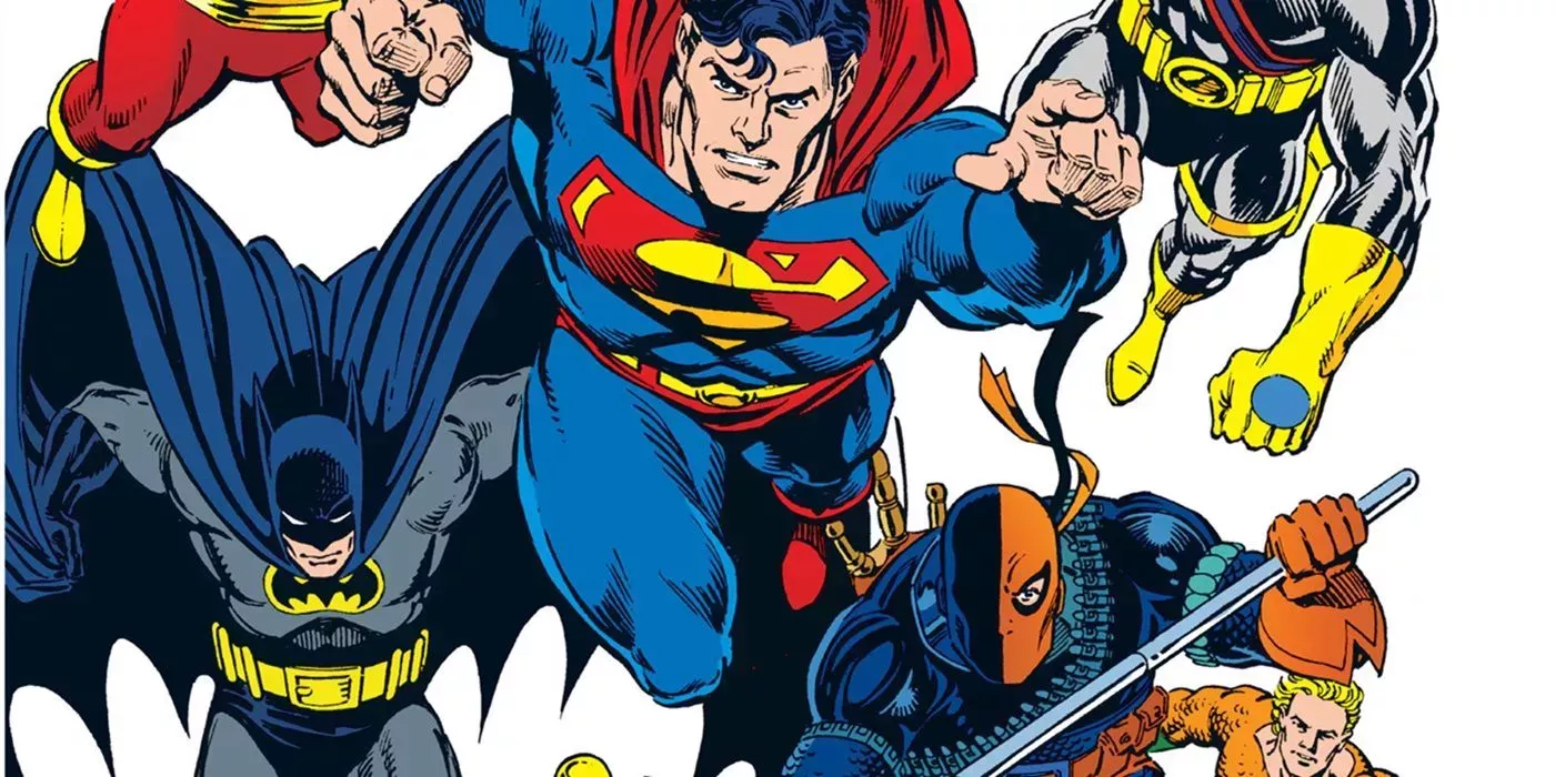 Superman and other heroes charging into battle