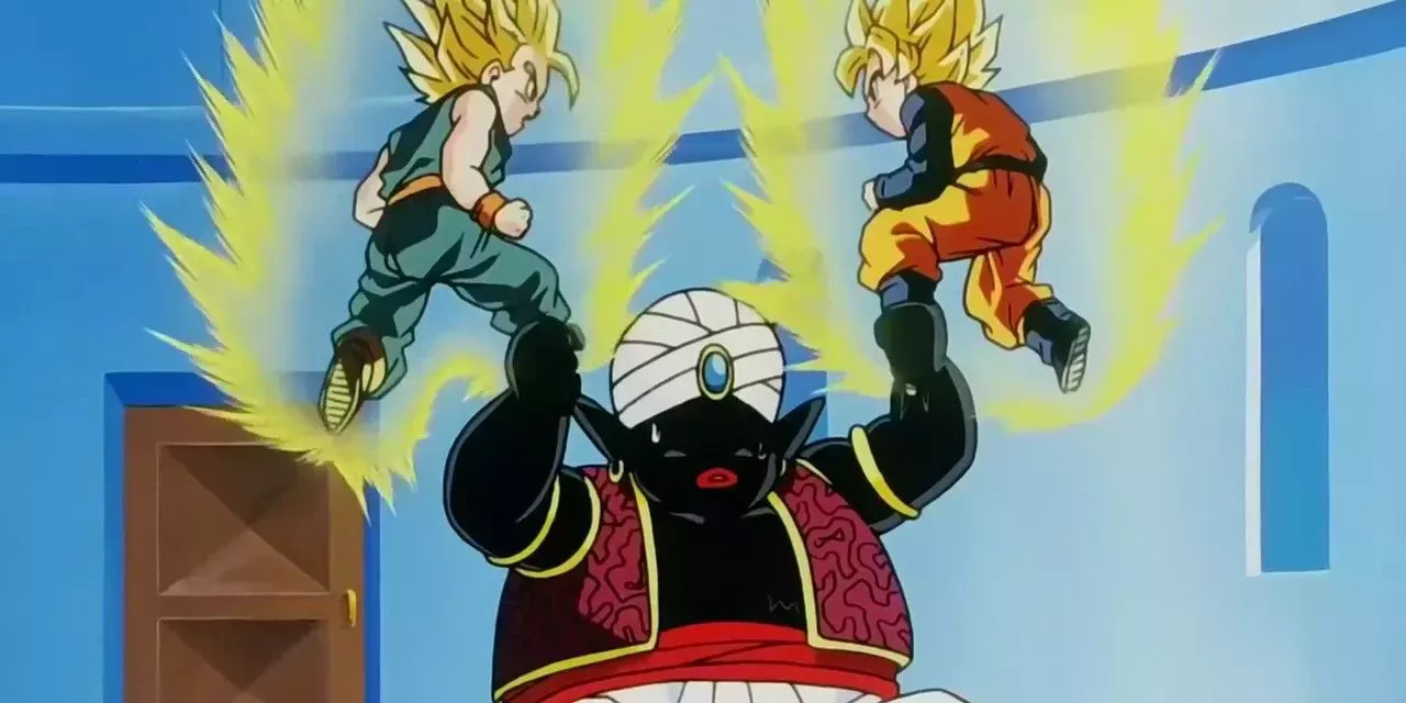 Mr. Popo fends off Super Saiyan Trunks and Goten during training in Dragon Ball Z.
