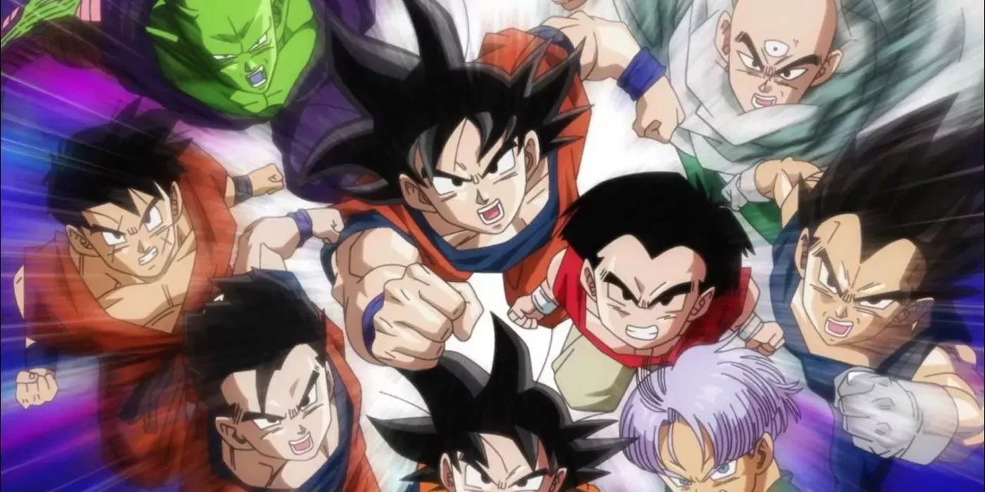 The Dragon Ball cast in the "Never Give Up!!" ending theme from Dragon Ball Z Kai: The Final Chapters.