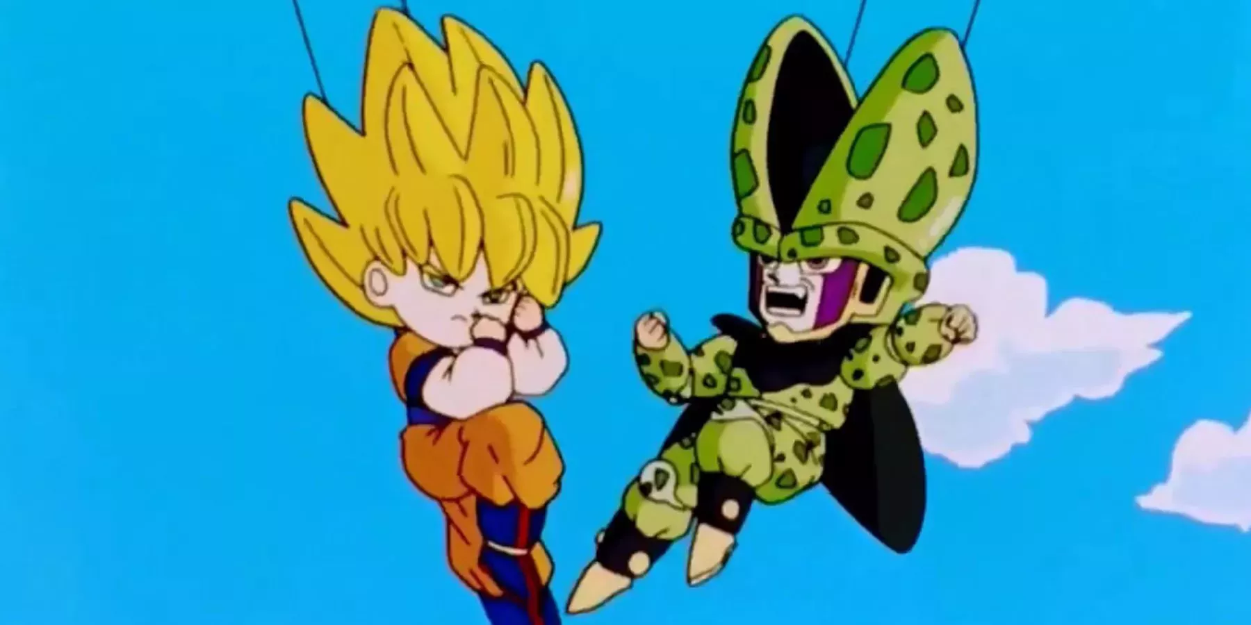Goku fights Cell during the recreation movie of the Cell Games in Dragon Ball Z.