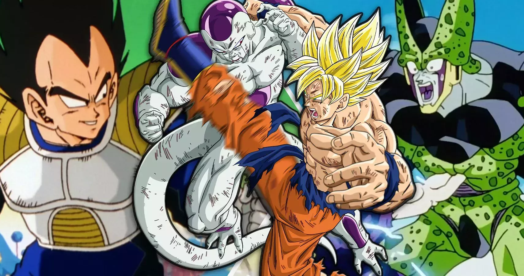 Goku and Frieza fighting against a 2 way split of Vegeta and Cell