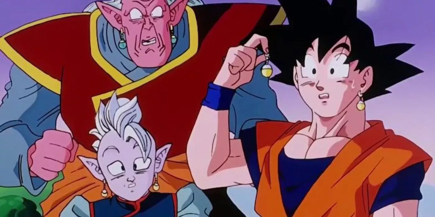 Goku, Supreme Kai Shin, and Kibito Kai examine the Potara Earring in Dragon Ball Z.