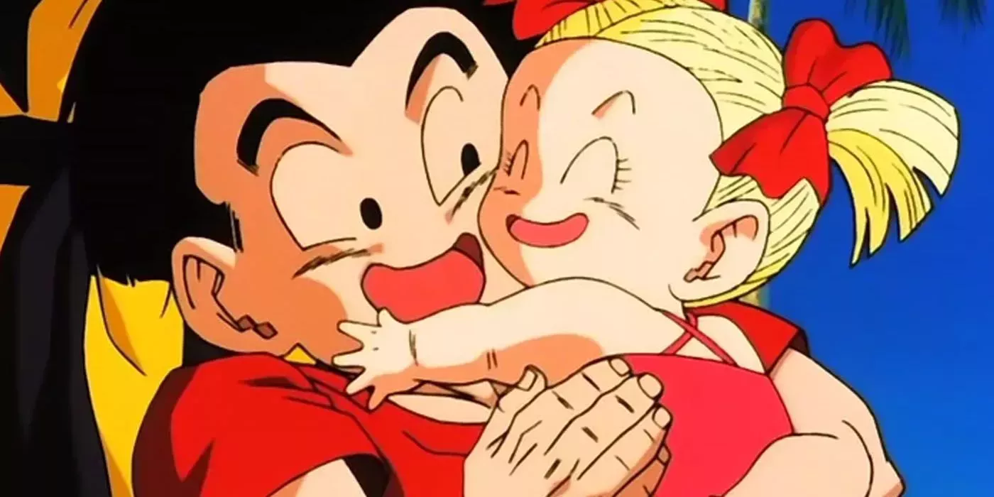 Krillin hugs his daughter, Marron, in Dragon Ball Z.