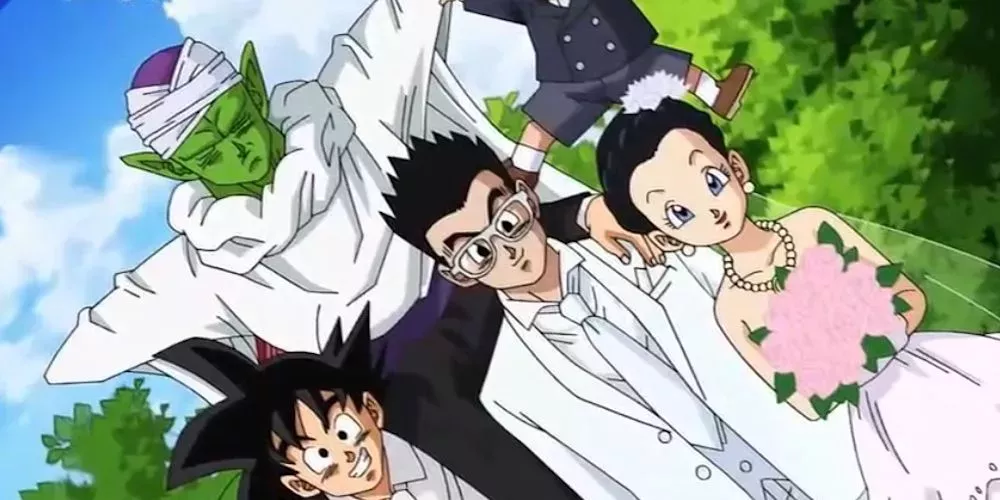 Gohan and Videl's wedding photo, with Goku and Piccolo, in Dragon Ball Super.