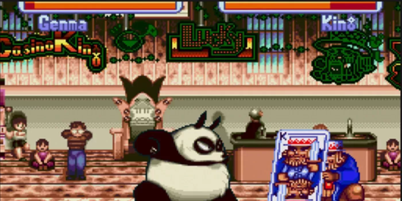 Genma Saotome, as a Panda, fights King in Ranma 1/2: Hard Battle SNES game.