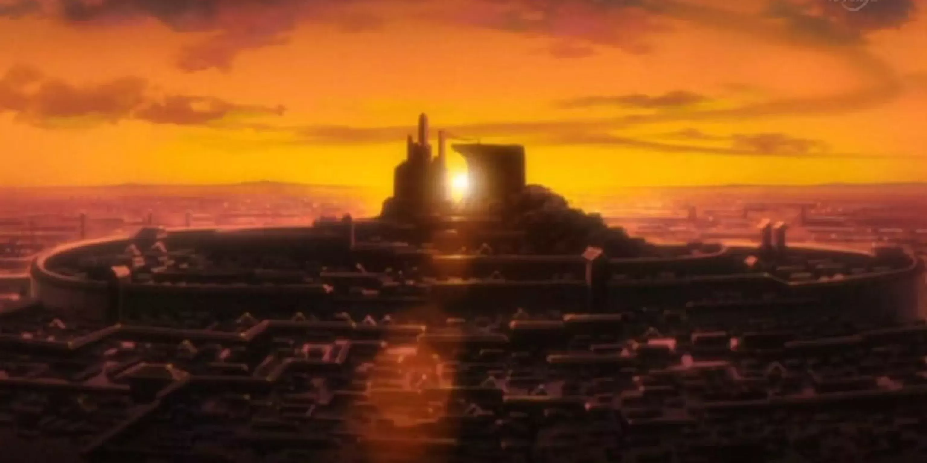 The Soul Society during a sunset in Bleach