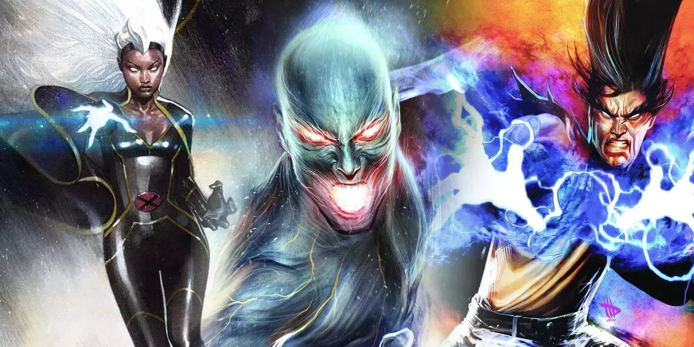 split image of Storm, Proteus, and Legion from X-Men comics