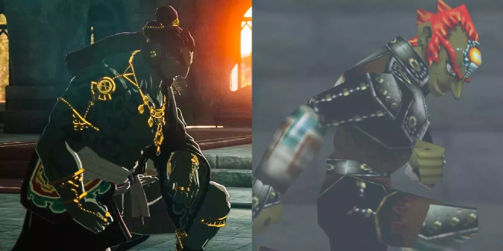 A split image features Ganondorf kneeling before King Rauru in Tears of the Kingdom and Ocarina of Time