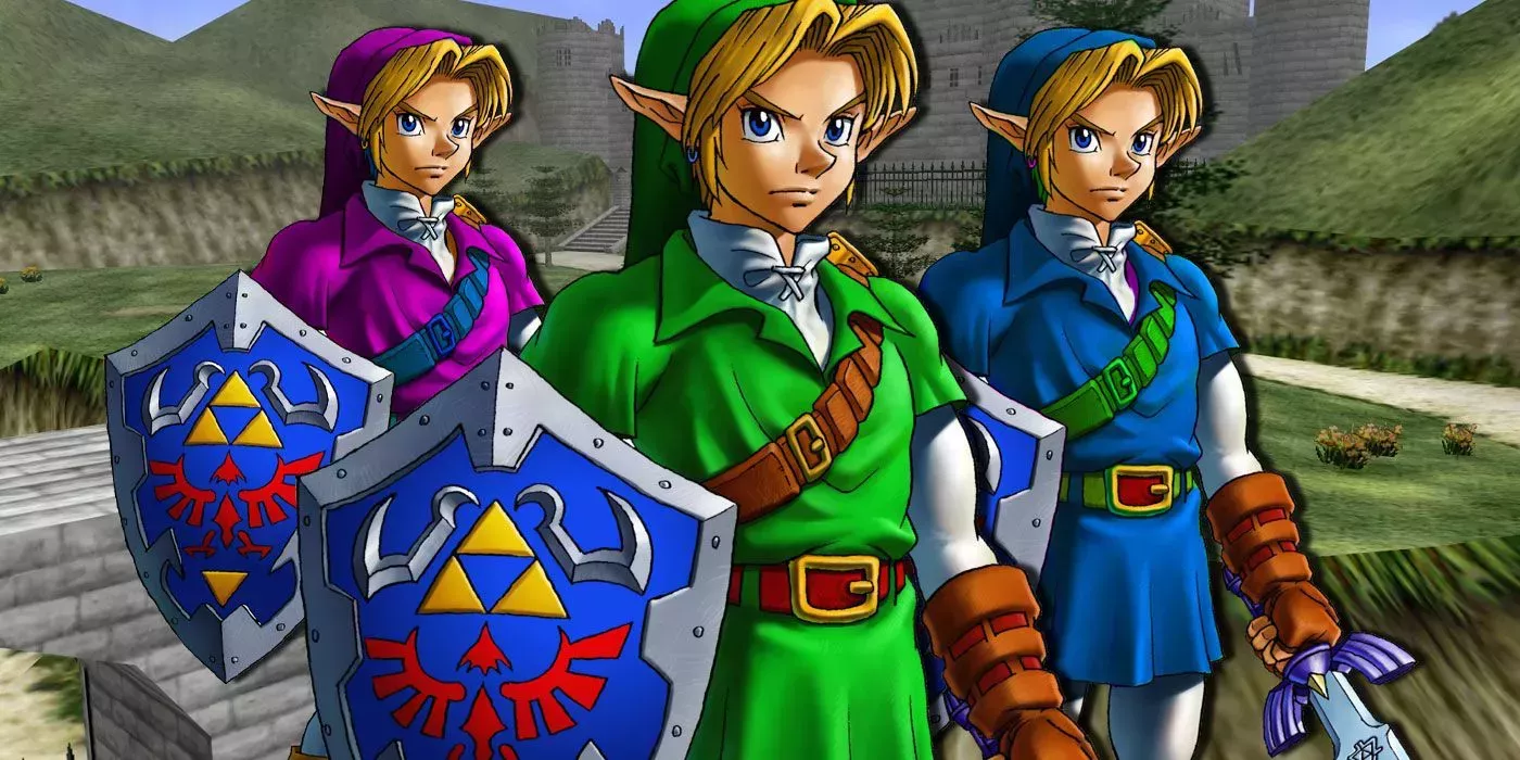 Three different Links lined up beside each other in advertisement for Ocarina of Time's multiplayer feature