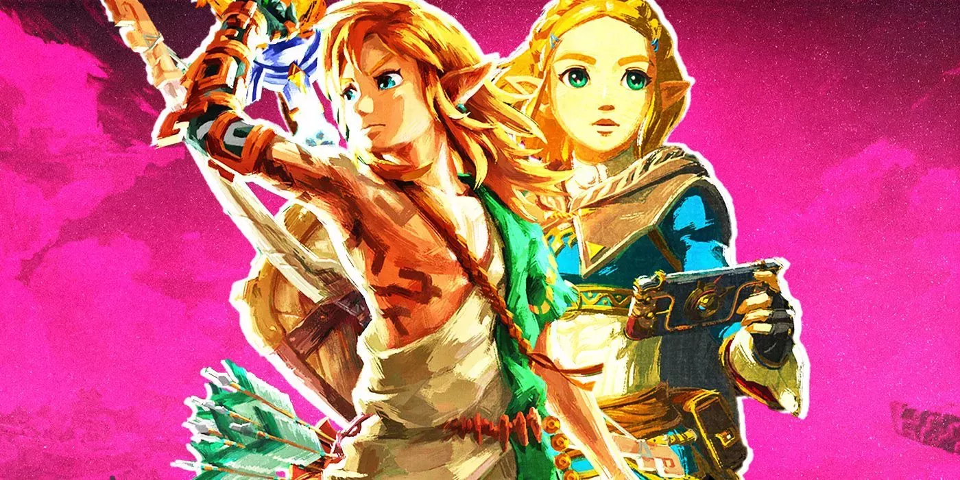 A collage of Link and Zelda from Tears of The Kingdom in front of a pink background