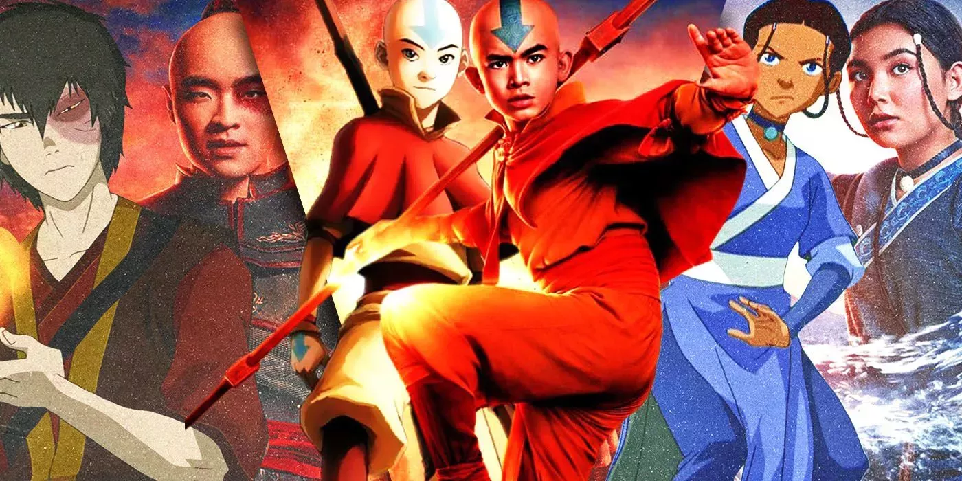 Split Images of Avatar The Last Airbender animated and Live Action Cast