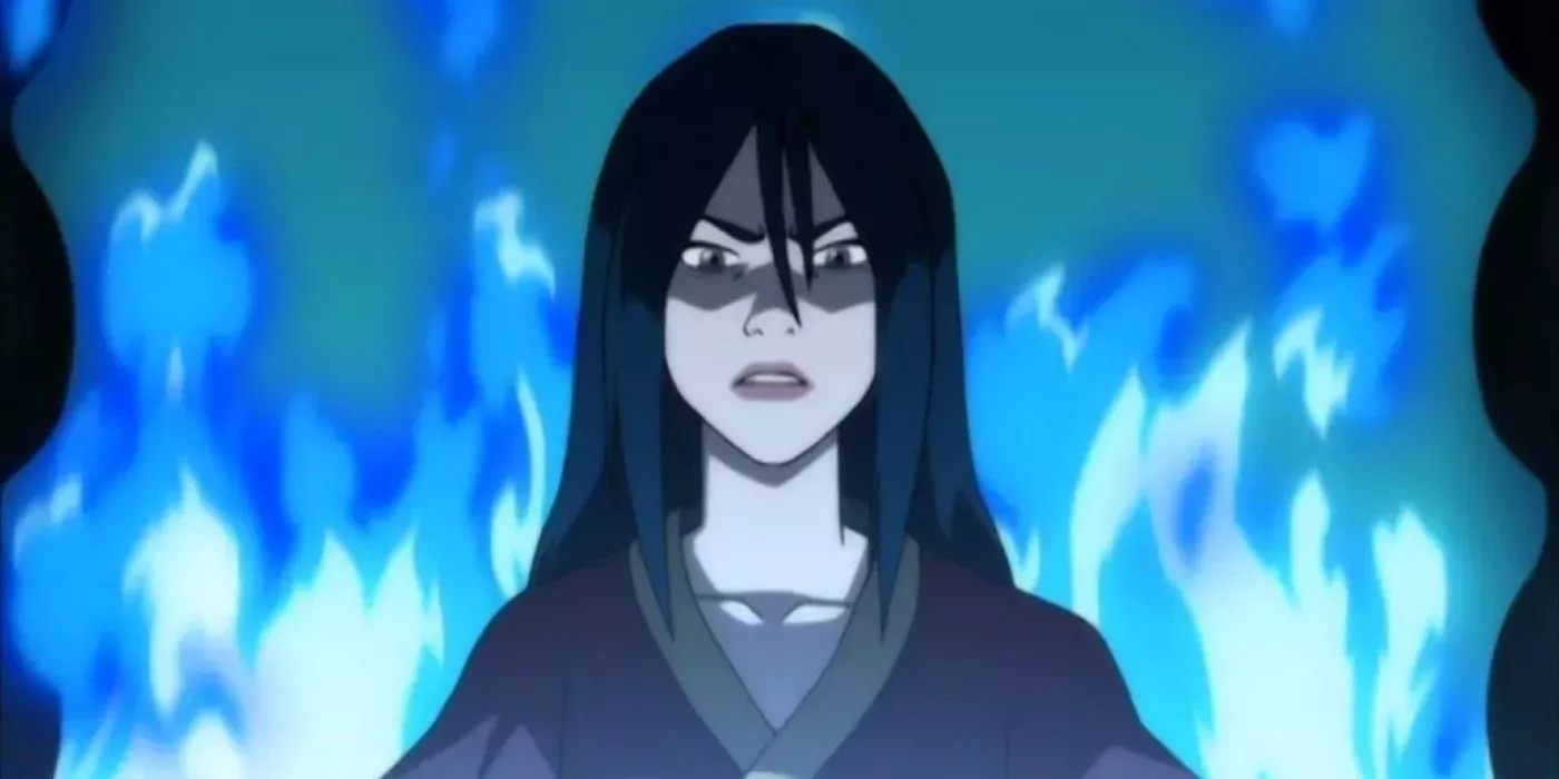Azula on her throne is surrounded by blue flames in Avatar The Last Airbender