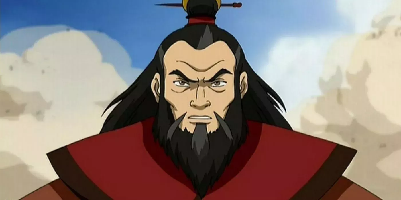 Avatar Roku as a middle-aged man stands with dust clouds behind him.