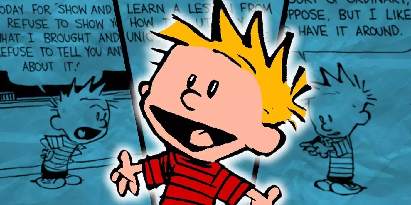 Calvin smiling with glee in front of Calvin and Hobbes show-and-tell comic strip panels