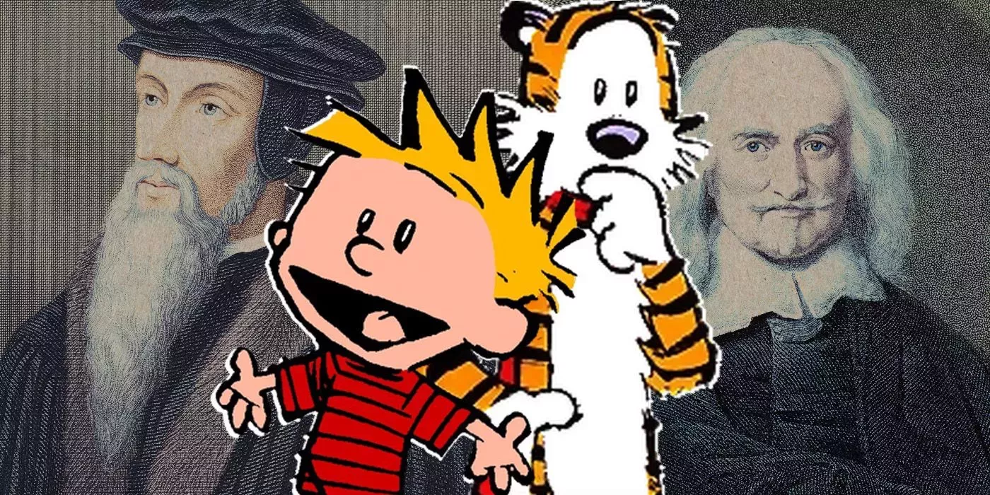 Calvin and Hobbes in front of the philosophers their named after: John Calvin and Thomas Hobbes