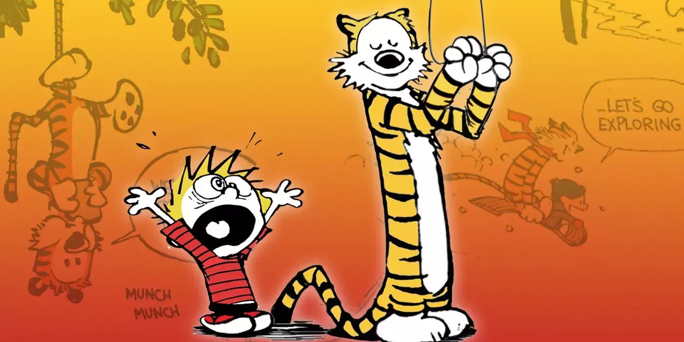 Calvin and Hobbes with the first and last comic strips in the background