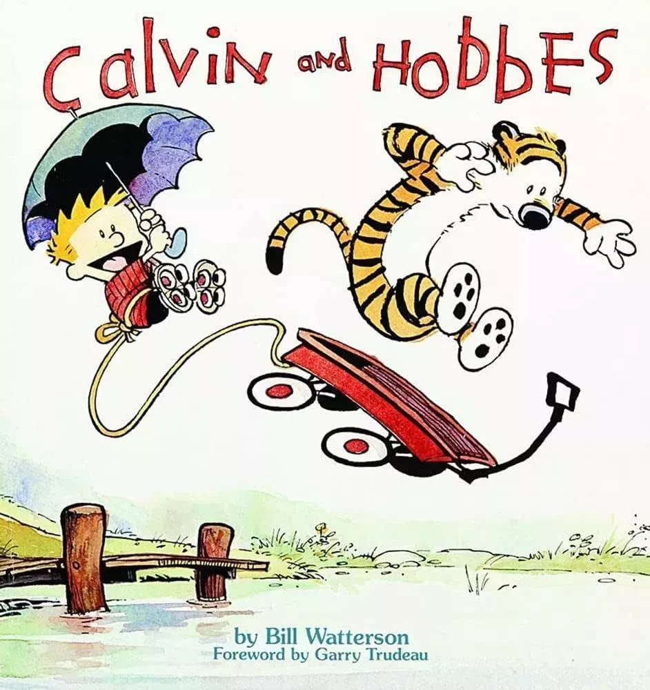 Calvin on roller skates and Hobbes in a wagon fly off a pier into a lake in Calvin and Hobbes