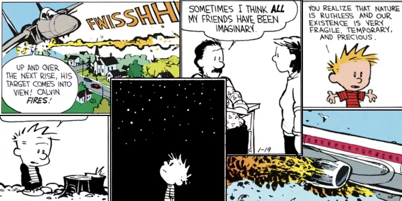 A collage of panels from the darkest Calvin and Hobbes comics