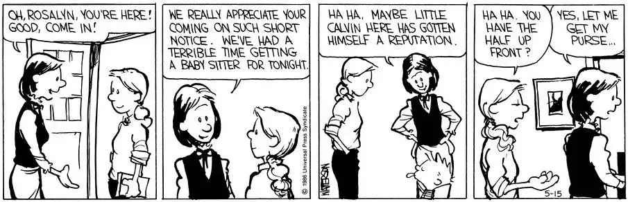 Rosalyn charging extra from Calvin's mom in Calvin and Hobbes comic strips