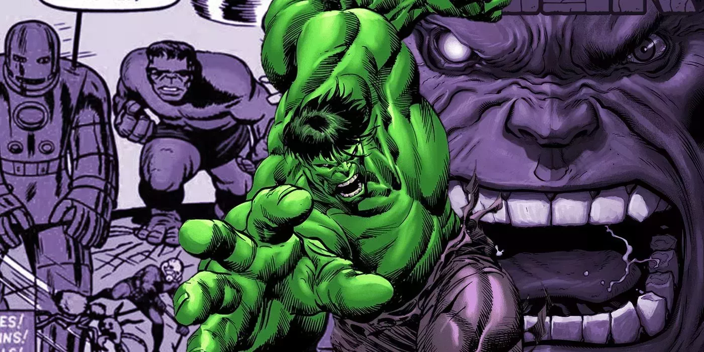 Hulk raging, split image of Red Hulk face, and Hulk with the original Avengers