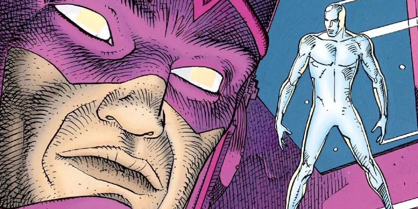 Galactus and Silver Surfer look at each other in Marvel Comics.
