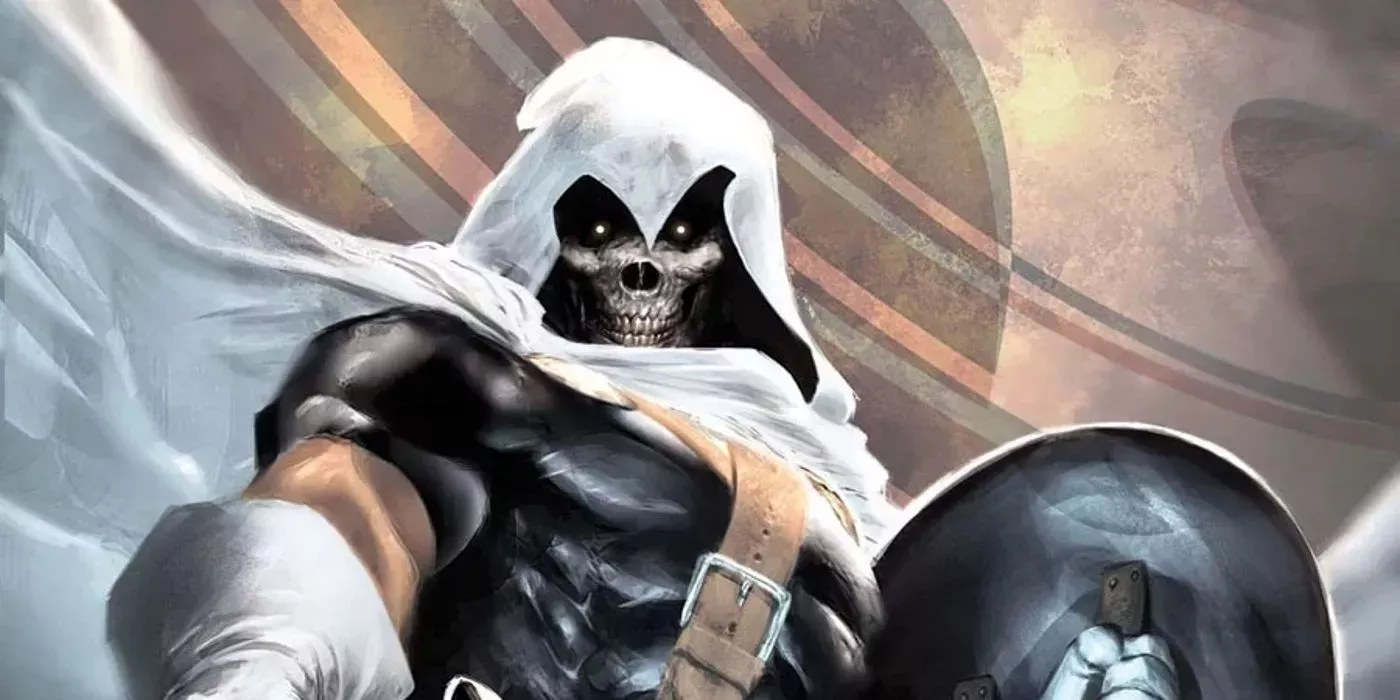 anthony masters in his taskmaster costume with his cape billowing behind him