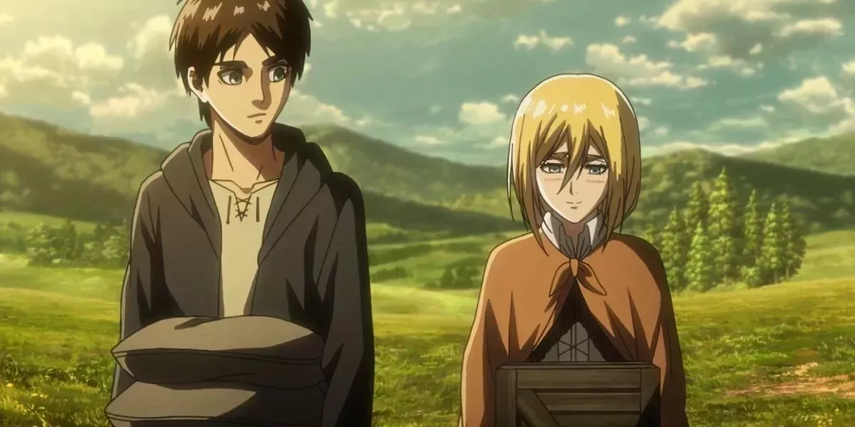 Historia blushes while carrying supplies with Eren in Attack On Titan.