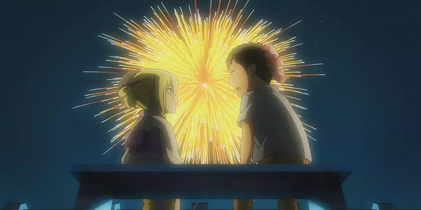 Annie and Bertolt watching festival fireworks and talking from Attack On Titan Junior High.