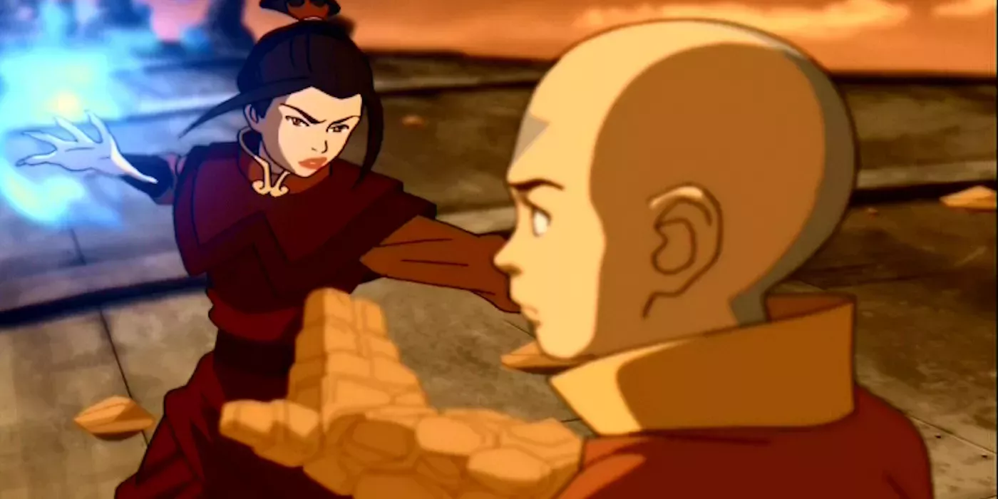 Azula attacks Aang with her fire atop the drill.