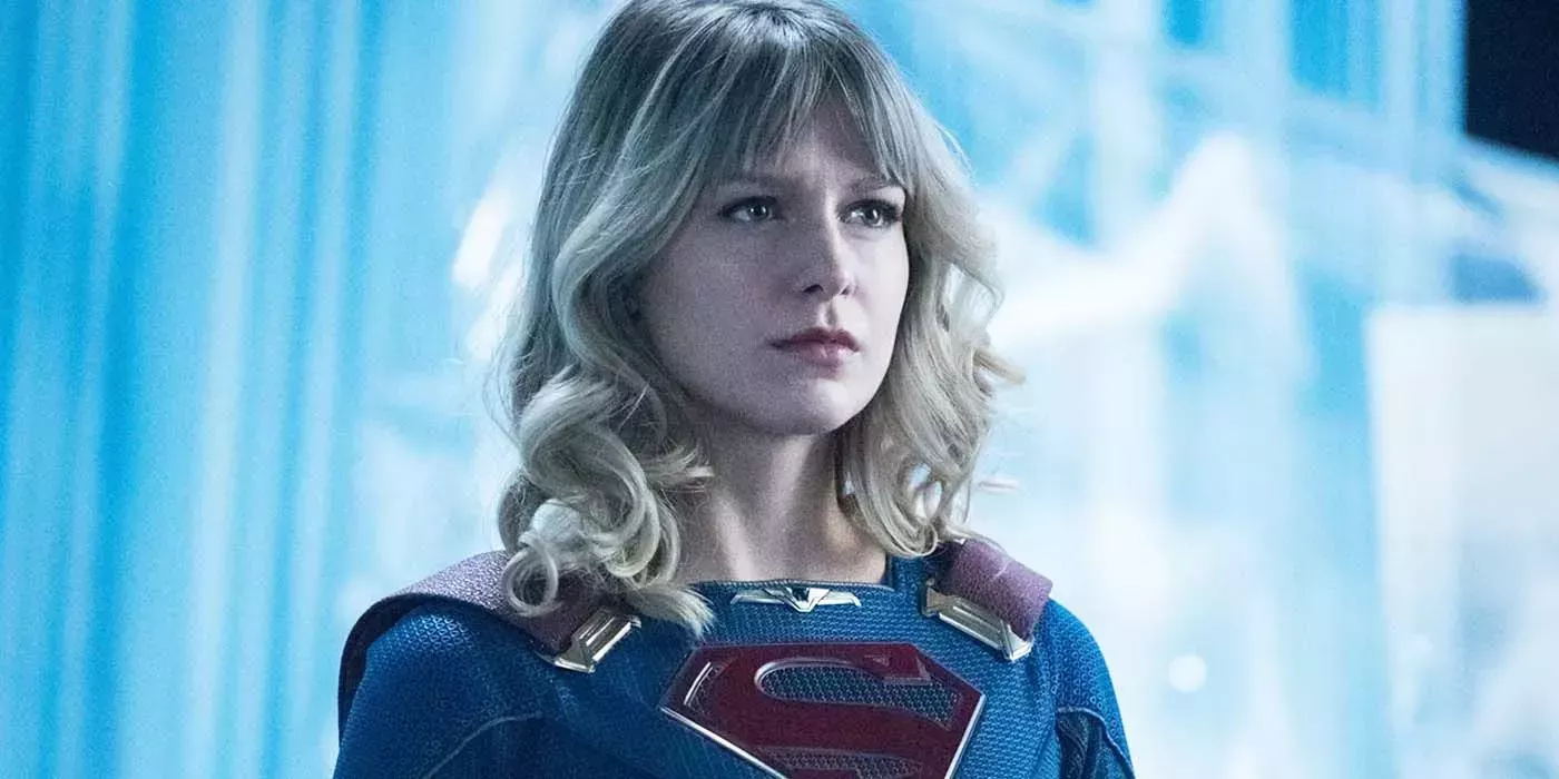 Melissa Benoist as Supergirl looks upset in the Fortress of Solitude in an Arrowverse show